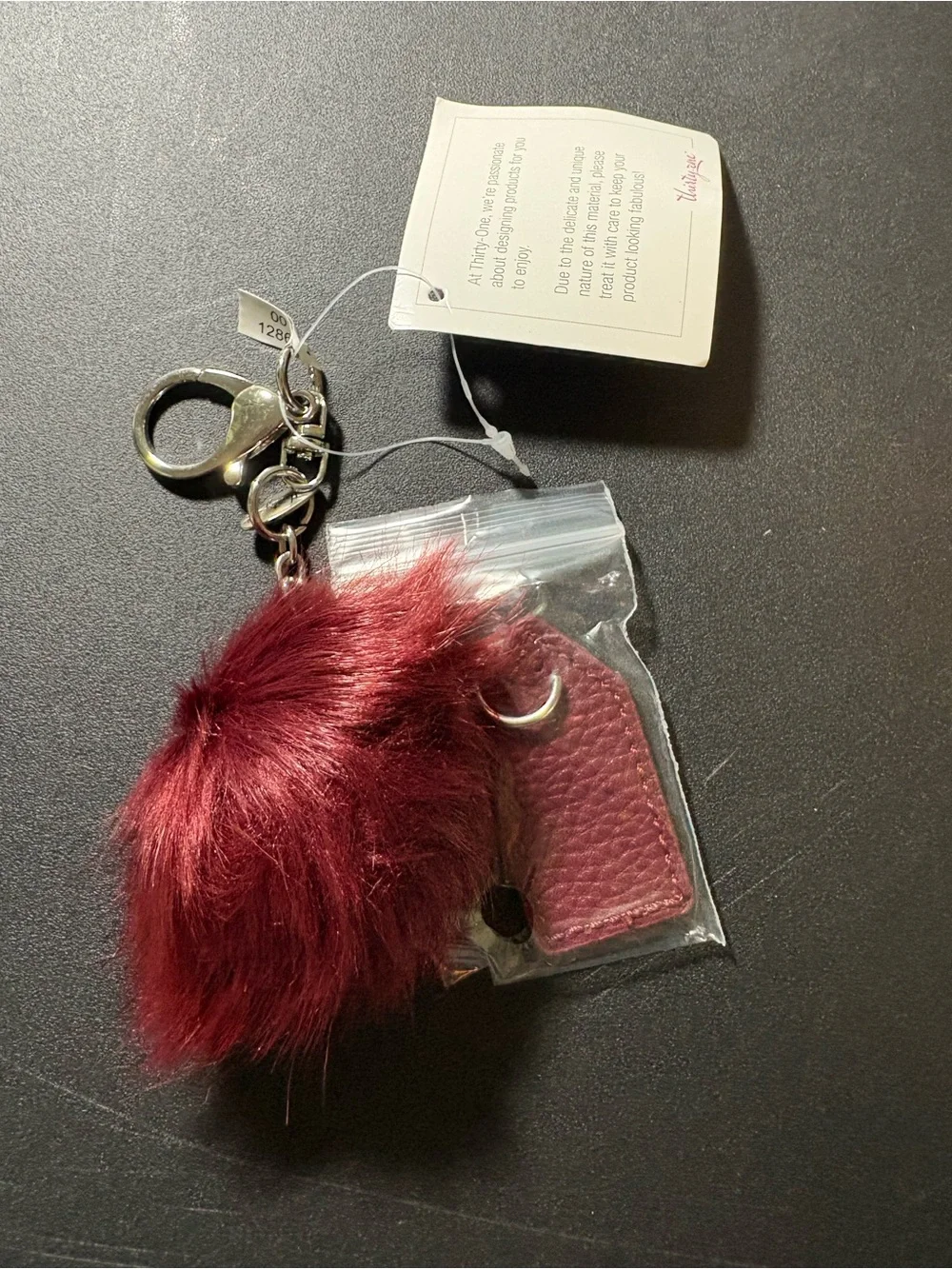 thirty-one Merlot Faux Fur Pom Keychain with Leather Tag